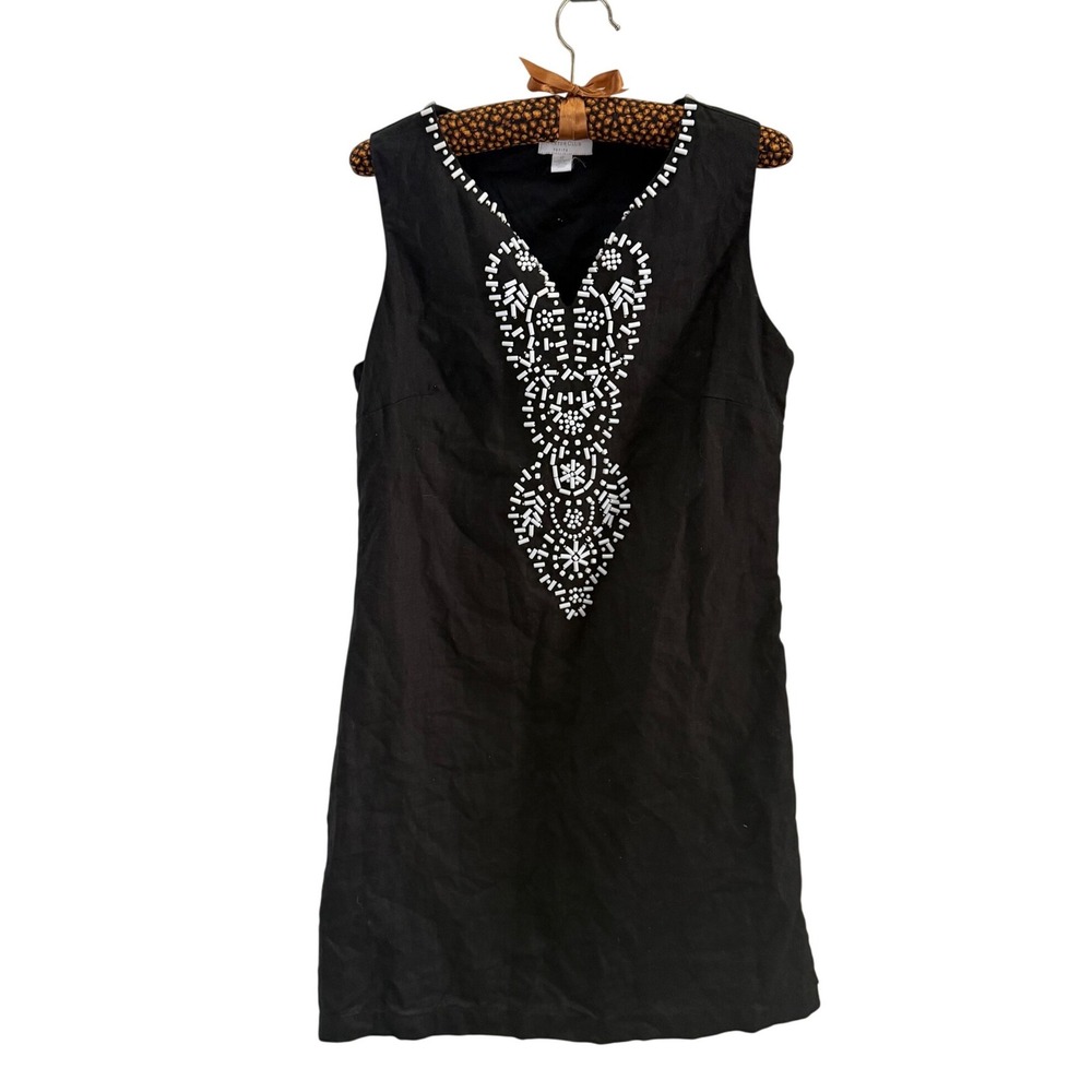 Charter Club Petite Black Linen Beaded V-Neck Sleeveless Shift Dress 4P